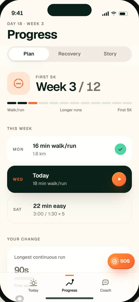 Plan: gradual progress toward a first 5K. Illustrative app preview.
