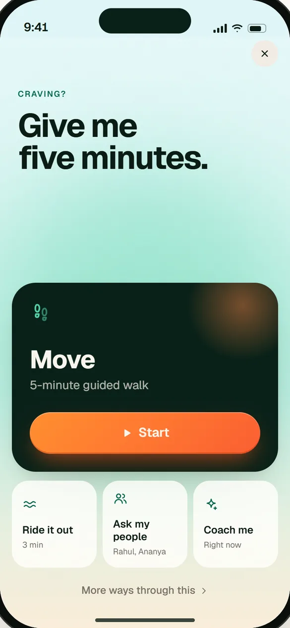 SOS: a choice of gentle craving support. Illustrative app preview.