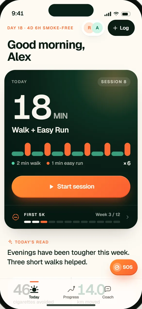 Today: a beginner walk and easy run session. Illustrative app preview.